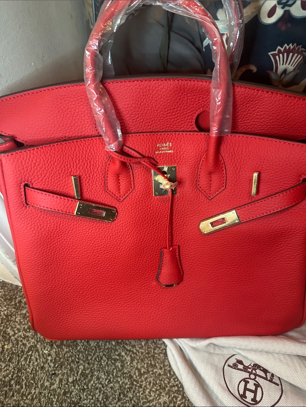 Red Leather Tote with Gold Hardware - Hermès Style